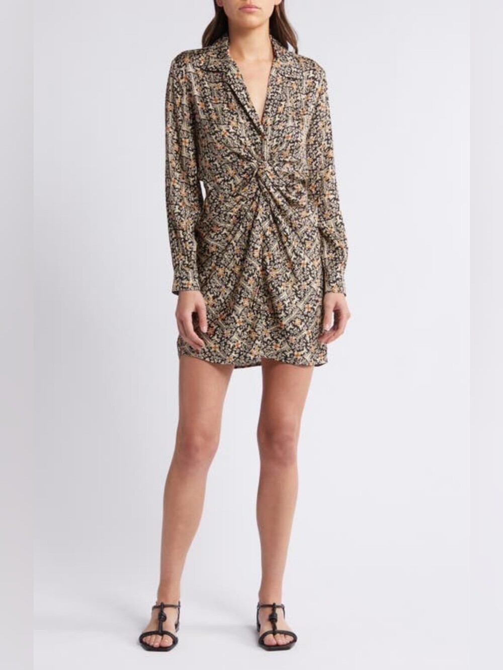 Twist-Front Long Sleeve Floral Dress in Black and Cream